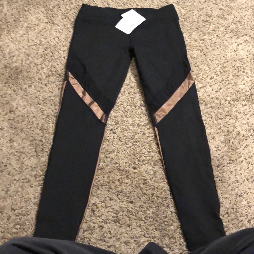 Fabletics Black Leggings with Brown Accent Panels